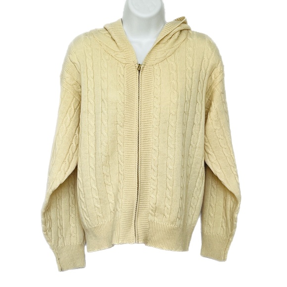 Cabin Creek Sweater Cable Knit Zip Up Cardigan Size M Hood Soft Beige Wool - Picture 1 of 4